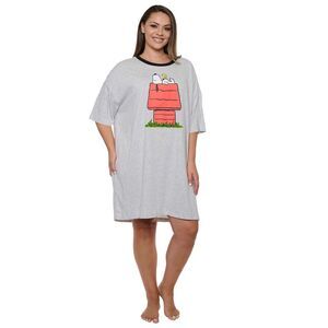 Womens & Womens Plus Size Peanuts Snoopy & Woodstock Sleep Shirt Pajamas Gray